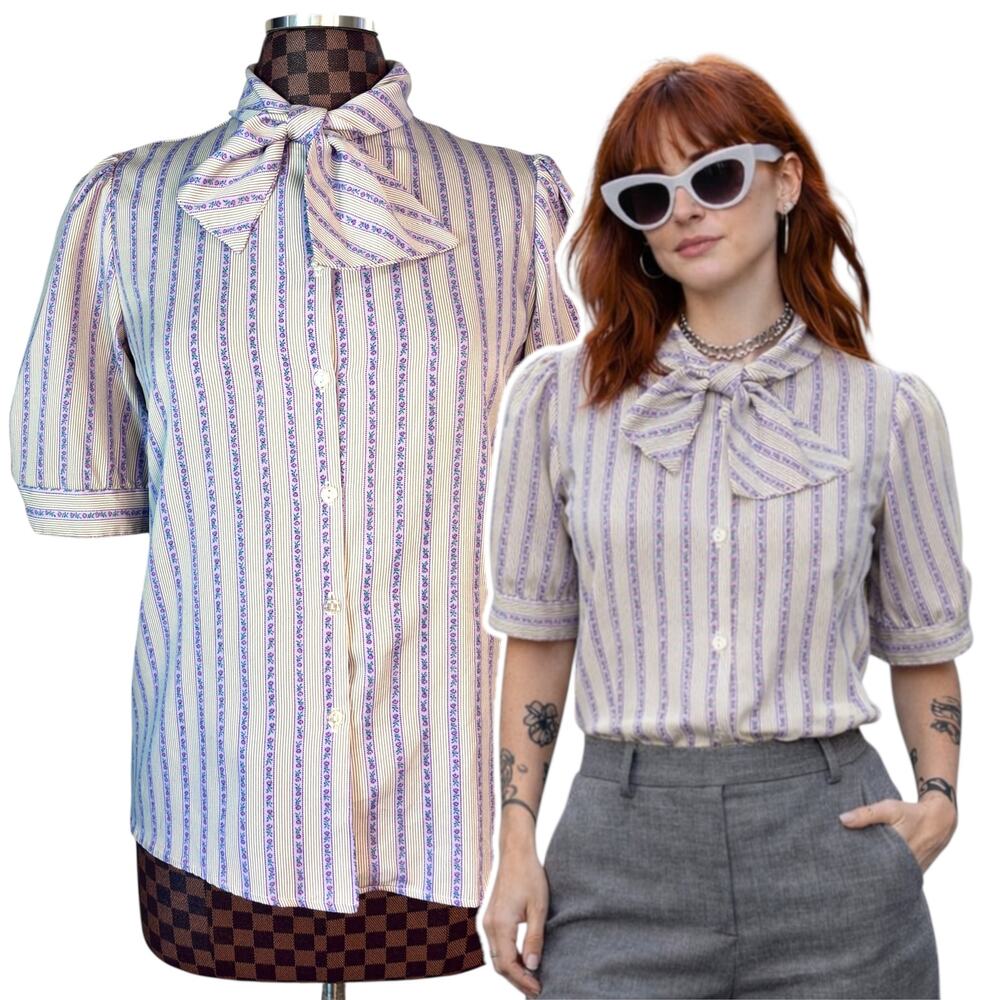 Vtg Bending Easy Floral Striped Blouse Womens Size 10 Bow Puff Sleeve Coquette